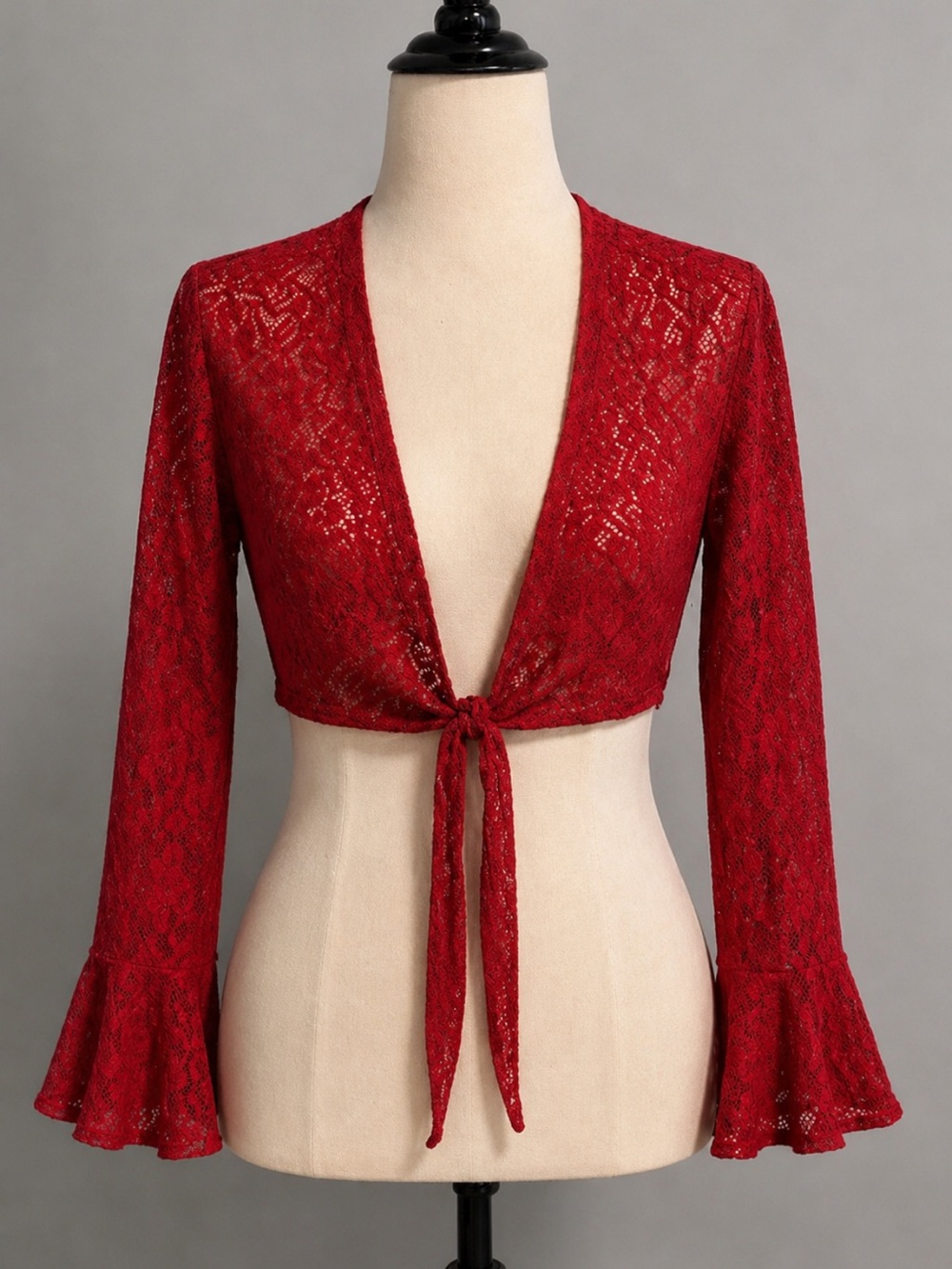 Faded Glory Red Lace Tie Front Bell Sleeve Bolero Shrug Cardigan Plus 16W